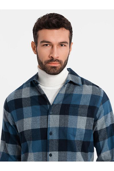 OMBRE Pánská kostkovaná flanelová košile - modrá V4 OM-SHCS-0150 L