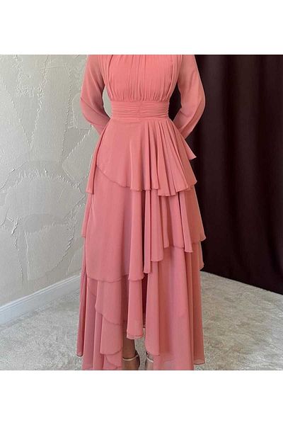 MODA DURAĞI Lilac Chiffon Floor Skirt Tulle Sleeves Pleated Dress