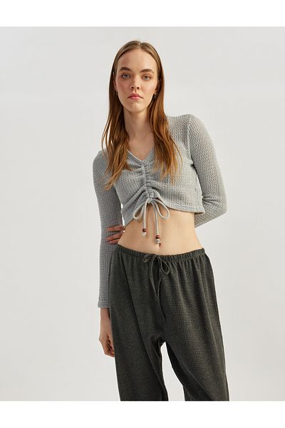 Koton Long Sleeve Gathered V-Neck Knitwear Crop T-Shirt