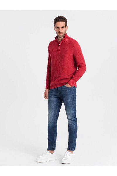 OMBRE Men's knitted sweater with spread collar - red V8 OM-SWZS-0105 XXL
