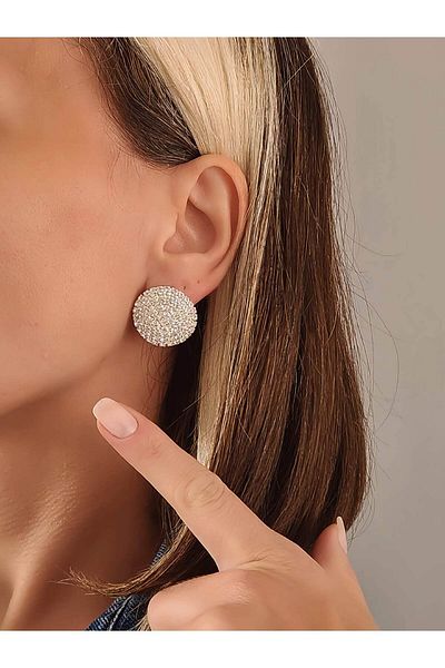 Eva Takı Store Round Model Evening Dress Silver Colored Earrings