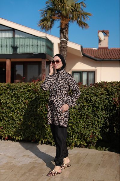 dilber fashion Bone and Bag Gift Leopard Pattern Elastic Waist Zippered Hijab Swimsuit Set