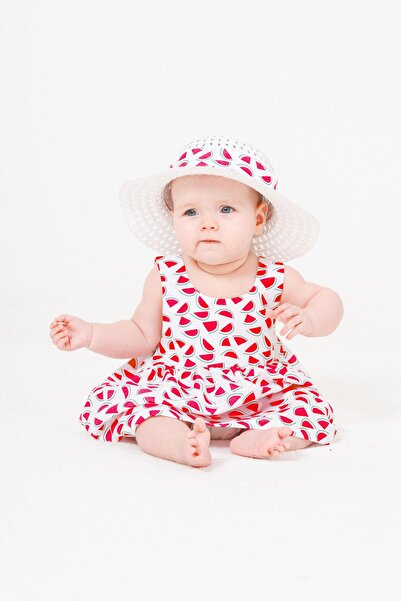 Chicsy Baby Tatlı Karpuz Desenli Şapkalı Fiyonklu Kız Bebek Elbisesi