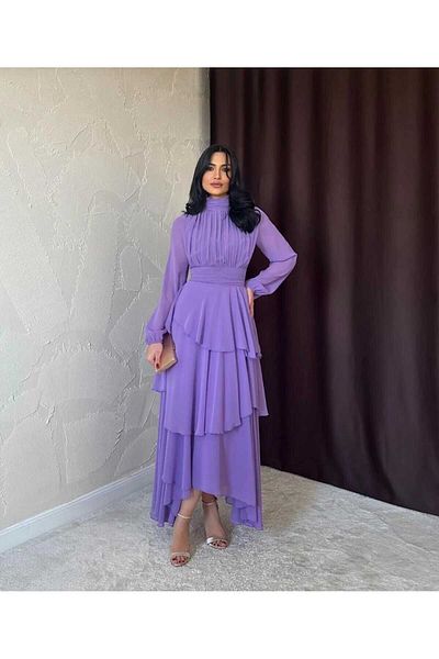MODA DURAĞI Lilac Chiffon Floor Skirt Tulle Sleeves Pleated Dress