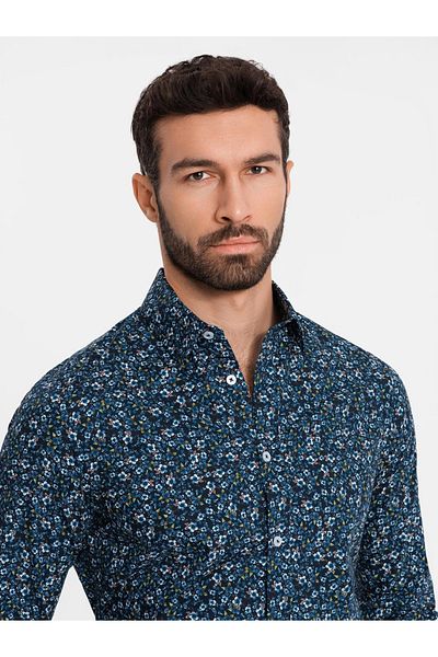 OMBRE Pánská SLIM FIT vzorovaná bavlněná košile - tmavě modrá V1 OM-SHCS-0151 XL