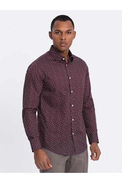 OMBRE Pánská bavlněná vzorovaná košile SLIM FIT - kaštanová V5 OM-SHCS-0151 L