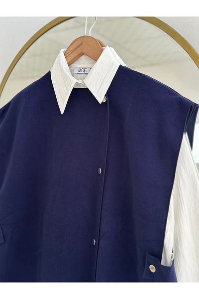 Ebrar Store Maral Snap Detailed Stamp Vest-Eu2717 Navy Blue