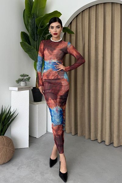 WOMAN VISION Γυναικείο βραδινό φόρεμα μίντι φόρεμα 340 με μοτίβο ψηφιακής εκτύπωσης από ύφασμα από τούλι