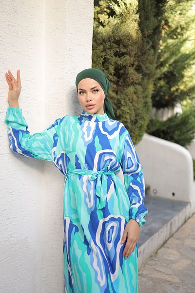 Zaure Women's Hijab Patterned Belted Viscose Dress
