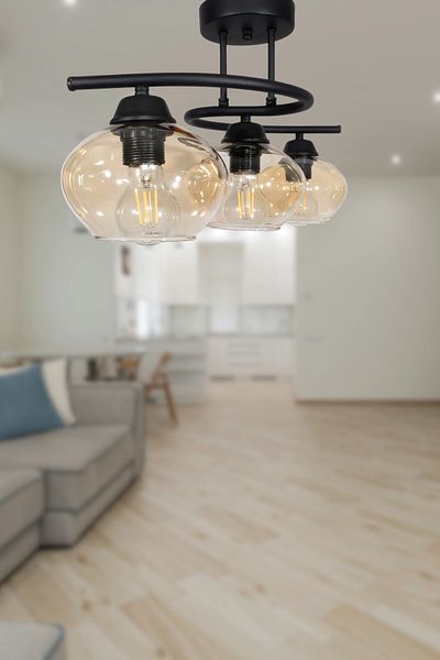 Fer Avize Fuji Modern Decorative Black Color Glass 3-Piece Chandelier Living Room - Kitchen - Bedroom