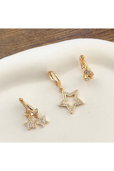 Kyver Triple Set Earrings Star Dangle Zircon Stone Rose