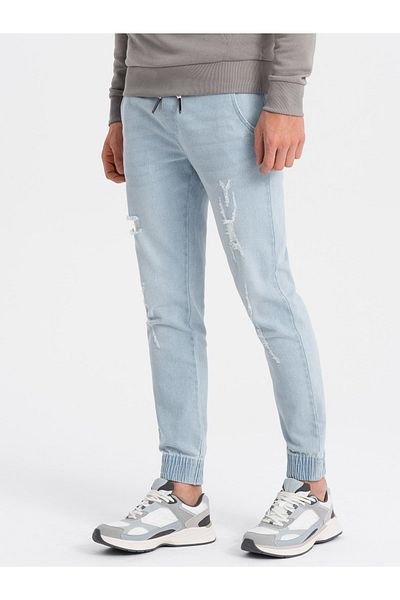 OMBRE Ανδρικό τζιν παντελόνι JOGGER με τρίψιμο - γαλάζιο V1 OM-PADJ-0150 L