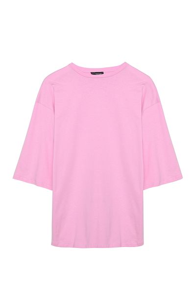 Quzu Three Quarter Sleeve Basic Oversize T-Shirt Pink