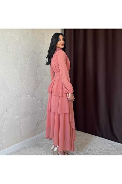 MODA DURAĞI Lila Şifon Kat Etekli Tül Kollu Piliseli Elbise