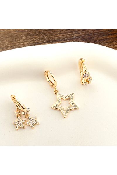 Kyver Triple Set Earrings Star Dangle Zircon Stone Rose