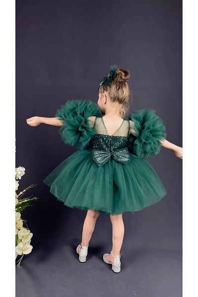 Buse&Eylül Bebe Βραδινό φόρεμα για κορίτσια με πράσινη παγιέτα με μανίκια