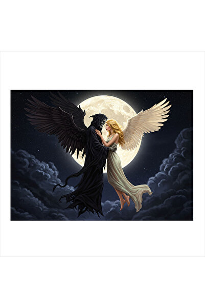 KanvasSepeti Bela i crna anđeoska dekorativna uljana slika Teksturirano Visok...