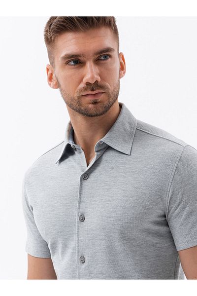 OMBRE Herren Strickhemd Slim Fit mit kurzen Ärmeln und Kragen - grau V5 OM-SHSS-0100 M