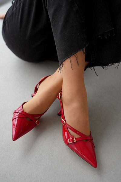 selinshoes Red Women's Stiletto - Pointed Toe with Double Bands and Buckle Detail