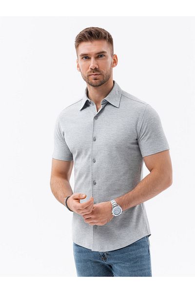 OMBRE Herren Strickhemd Slim Fit mit kurzen Ärmeln und Kragen - grau V5 OM-SHSS-0100 M