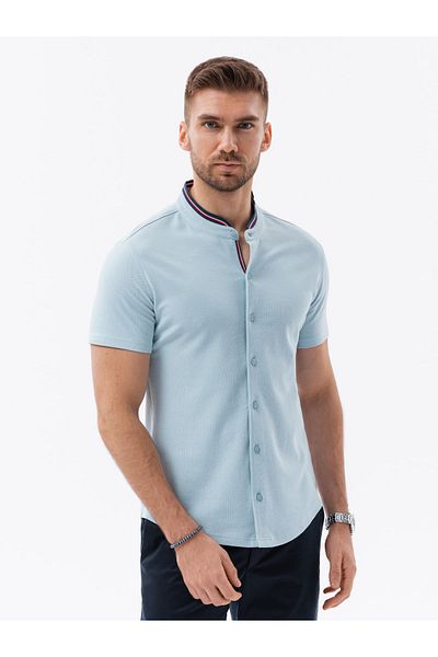 OMBRE Herren Strickhemd mit kurzen Ärmeln und Stehkragen - blau V3 OM-SHSS-0101 S
