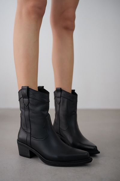 selinshoes Onena Genuine Leather Stripe Detailed Western Short Women's Boots-Black