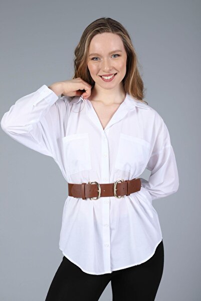 LİA KEMER Curea din piele maronie cu cataramă dublă lată