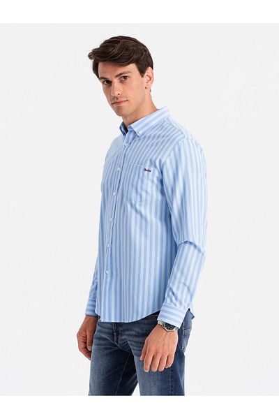 OMBRE Ανδρικό πουκάμισο REGULAR FIT σε λευκές ρίγες με τσέπη - μπλε V2 OM-SHOS-0171 XL