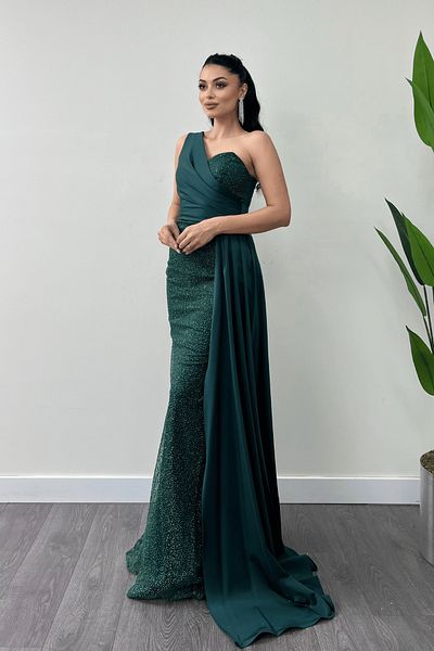 giyimmasalı Rochie de seara din tesatura din satin cu sclipici cu detaliu de sal - VERDE SMARALD