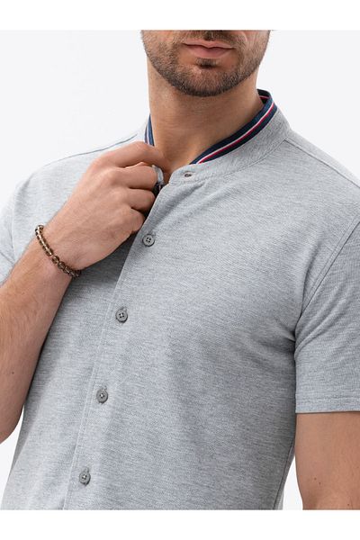 OMBRE Herren Strickhemd mit kurzen Ärmeln und Stehkragen - grau V5 OM-SHSS-0101 M
