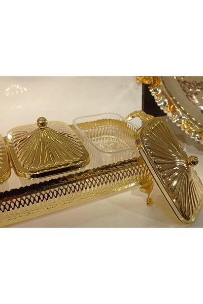 Saray Ottoman 3-Piece Rectangular Cover Brown Ball Gold