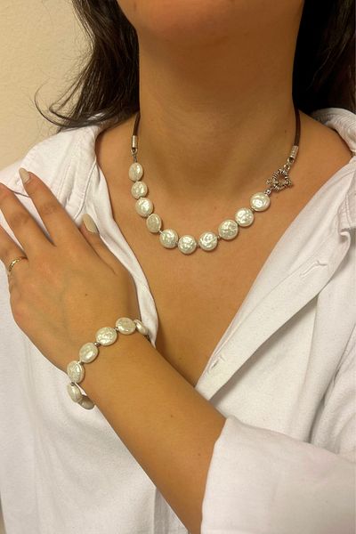 Suerte Accessories Special Design Silver Accessory with Handmade Baroque Pearl Leather Cord Women's Pearl Necklace and Bracelet Combination