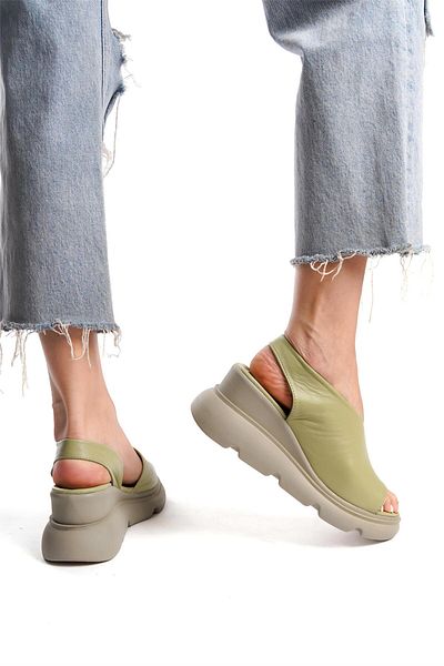 Ayakkabı Fuarı Elit Lyna Green Genuine Leather Women's Sandals - Wedge Heel