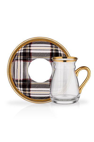 Glore Ekose Gri Kulplu 6 Kişilik Çay Seti