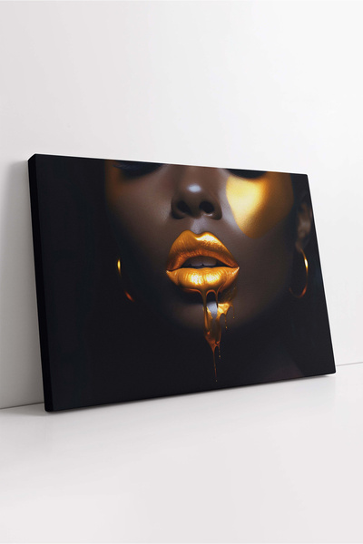 KOSS Dijital Tablou de pânză orizontal cu femeie cu buze aurii, decor de pere...