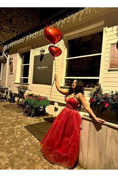 moneta boutique Kadın Midi Askılı Prenses Tül Elbise