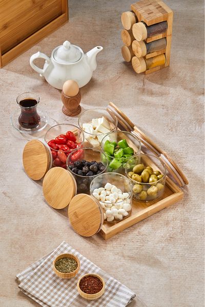 Cooker 6-Piece Round Bamboo Lids with Borosilicate Glass and Tray Breakfast Set - Fashionable and Organized Presentation
