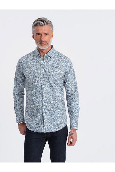 OMBRE Ανδρικό πουκάμισο SLIM FIT σε στάμπα σε μικρά φύλλα - γαλάζιο V1 OM-SHPS-0163 M