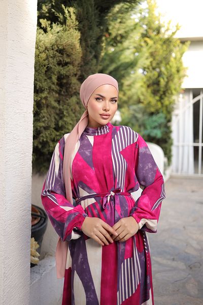 Zaure Women's Hijab Patterned Belted Viscose Dress
