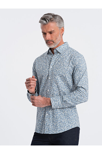 OMBRE Cămașă SLIM FIT pentru bărbați cu imprimeu cu frunze mici - albastru deschis V1 OM-SHPS-0163 S
