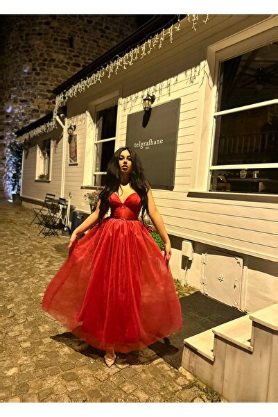 moneta boutique Kadın Midi Askılı Prenses Tül Elbise