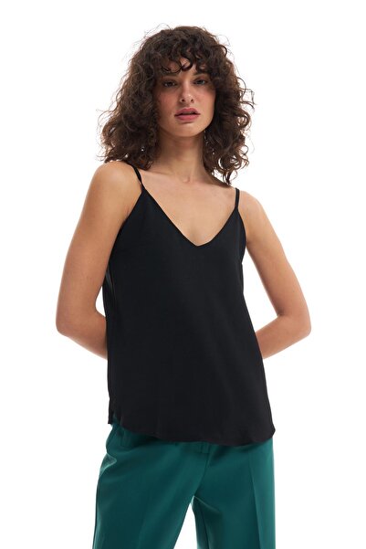 Quzu Askılı V Yaka Bluz Siyah