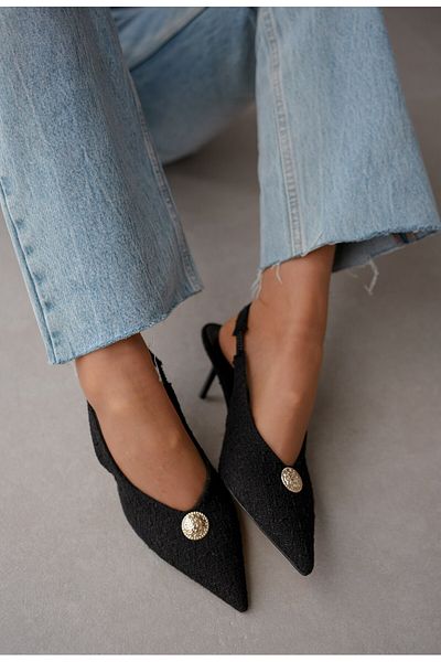 selinshoes Simmy Pointed Toe Tweed Fabric Gold Stone Detailed Elastic Stiletto - Black