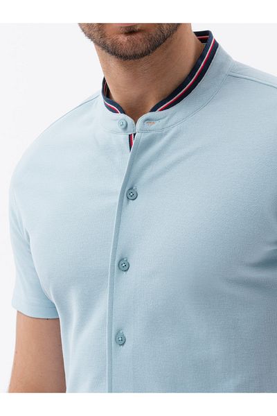 OMBRE Herren Strickhemd mit kurzen Ärmeln und Stehkragen - blau V3 OM-SHSS-0101 S