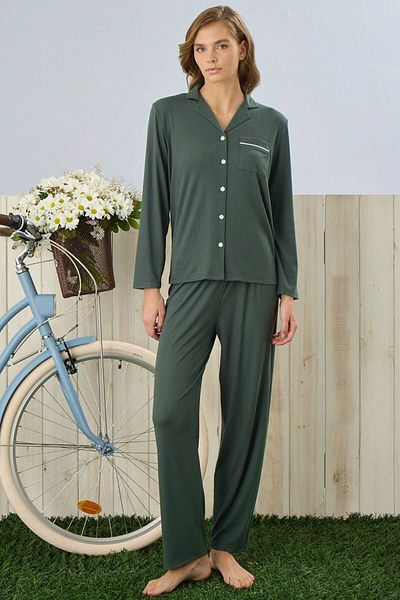 Pijamoni Women's Pajamas Set Long Sleeve Shirt Neck Pocket Ribbed