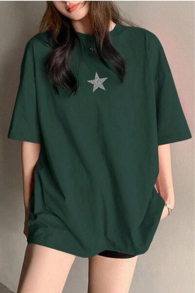 stg spor toptan giyim Women's Dark Green Glitter Star Printed Oversize Loose Fit T-Shirt