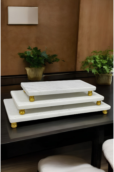 Violenza Home Rectangular Marble Presenter Set of 3 Cheese Plates with Gold Legs