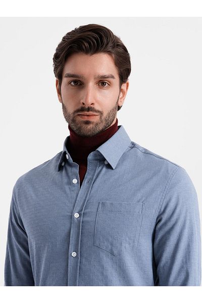 OMBRE Pánská SLIM FIT košile z ozdobné látky s kapsou - modrá OM-SHCS-0174 M