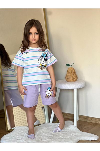 ciklet kids Checkered Summer Printed Double Set with Stripe Patterned Shorts