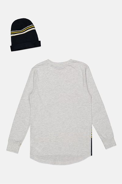 Levi's Kids Boy 2 Pcs Round Neck Long Sleeve Heather T-shirt With Beanie, Grey And Navy